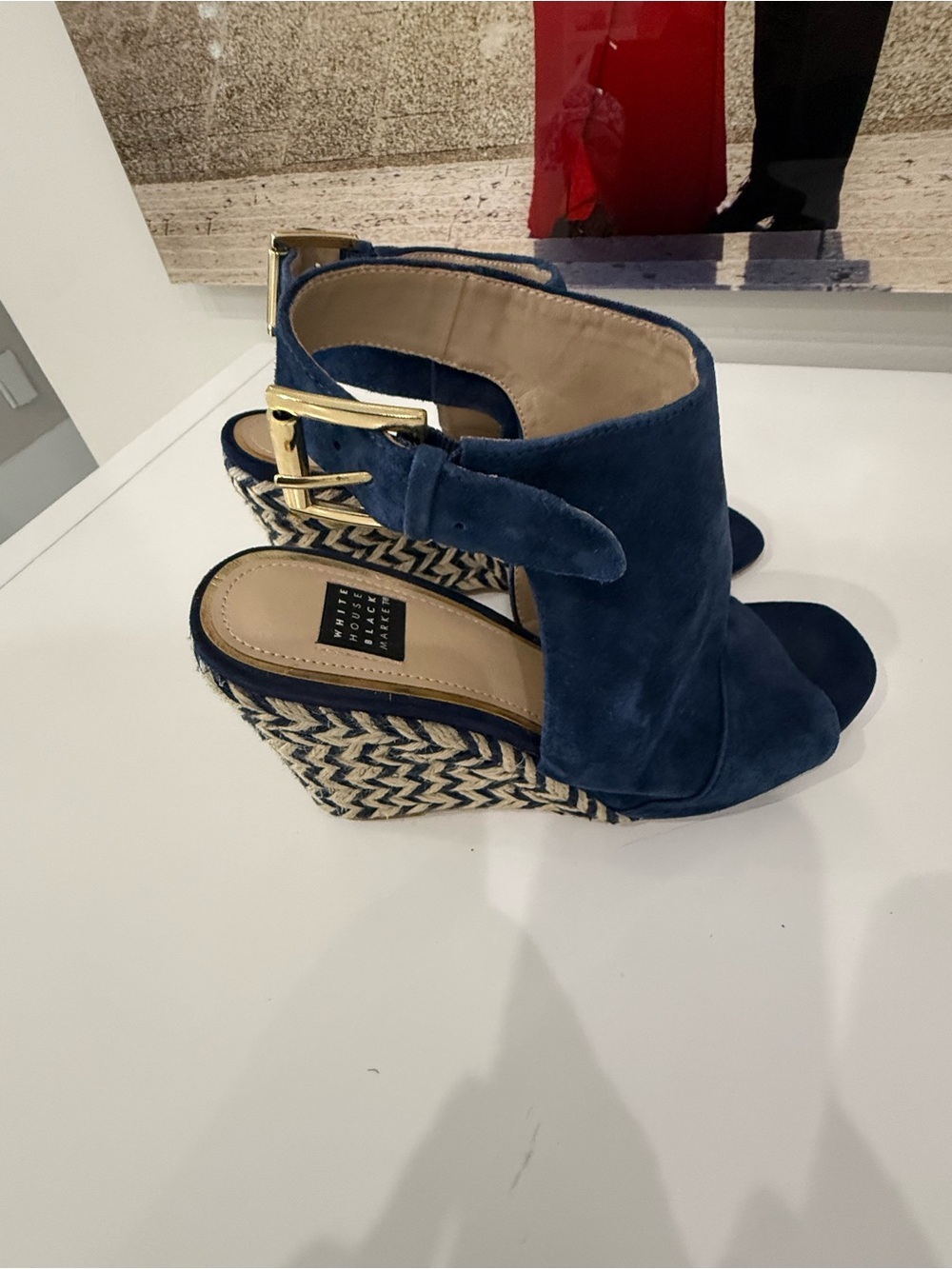 White House Black Market Navy Suede Espadrille Wedge Sandals with Gold Buckle